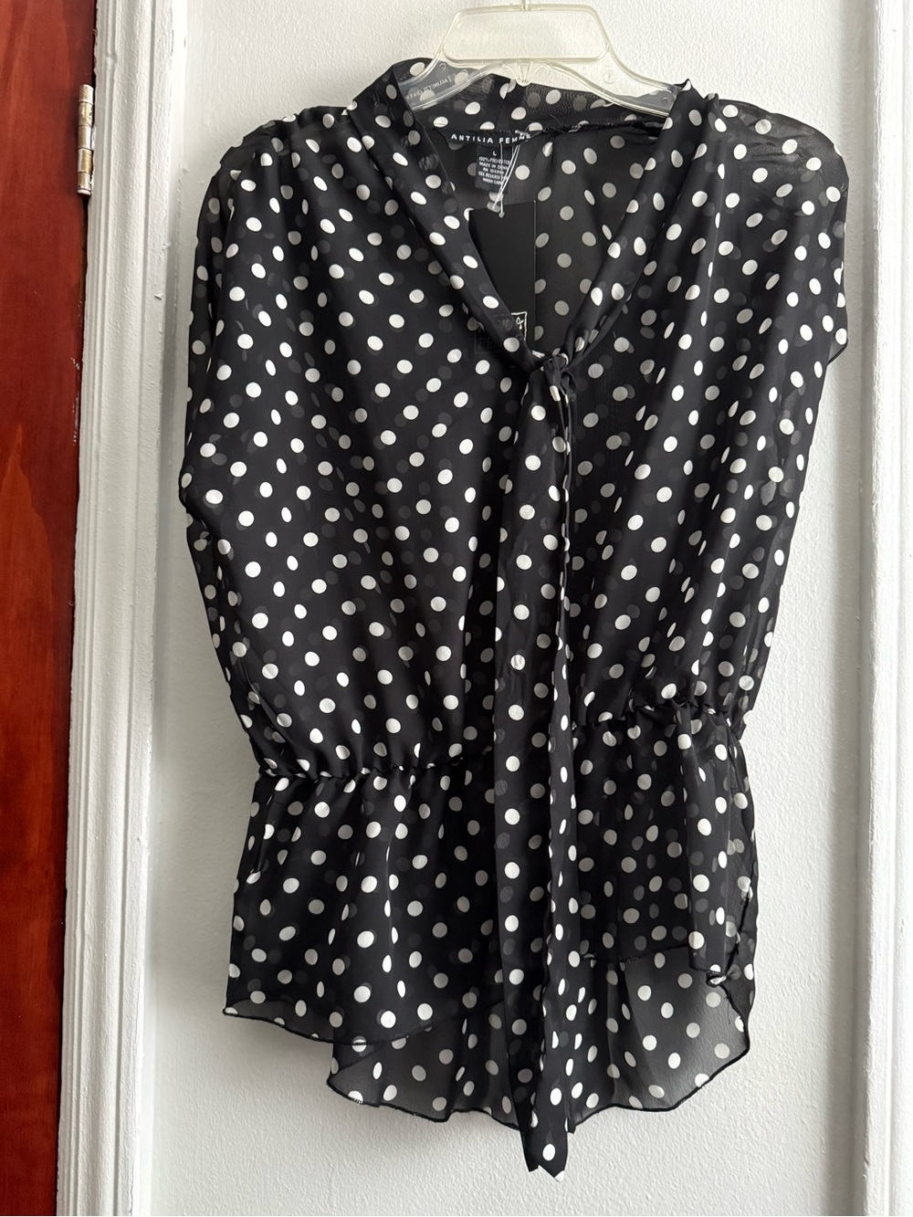 Antilia Femme Women's L Black/White Polka Dot Chiffon V-Neck Tie Blouse
52290G
